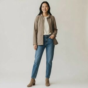 Jones New York Women Beige Quilted Panel Full Zip Jacket Coat‎ Size L
